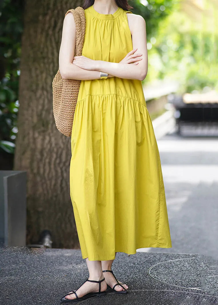 Yellow Pockets Cotton Long Dress Sleeveless