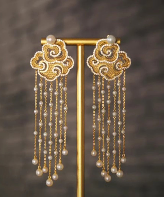 Gold Sterling Silver Overgild Pearl Auspicious Clouds Tassel Drop Earrings