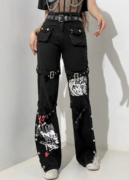 Unique Black Button Print Pockets Denim Pants Summer