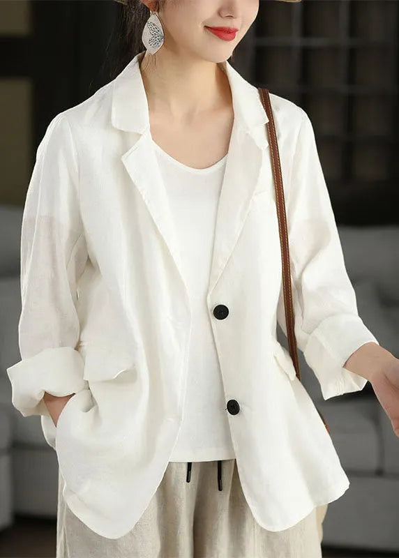 Navy Peter Pan Collar Pockets Linen Coats Long Sleeve