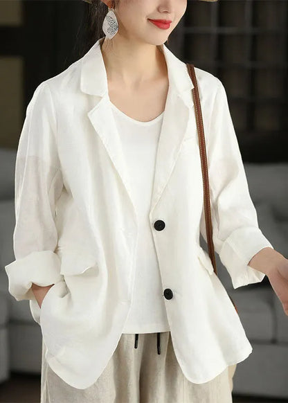 Navy Peter Pan Collar Pockets Linen Coats Long Sleeve