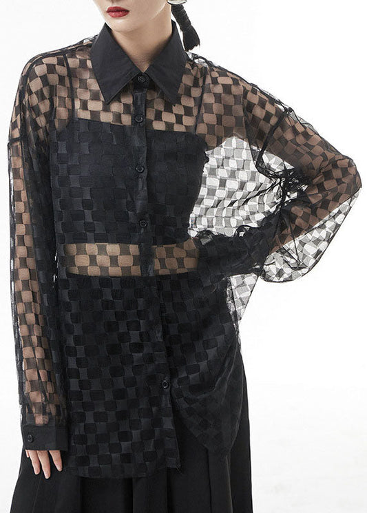 Loose Black Hollow Out Peter Pan Collar Plaid Patchwork Lace Shirts Spring