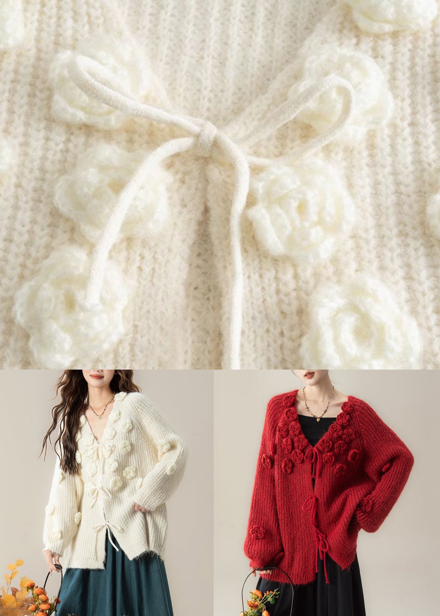 Red Lace Up Knit Loose Cardigan V Neck Spring