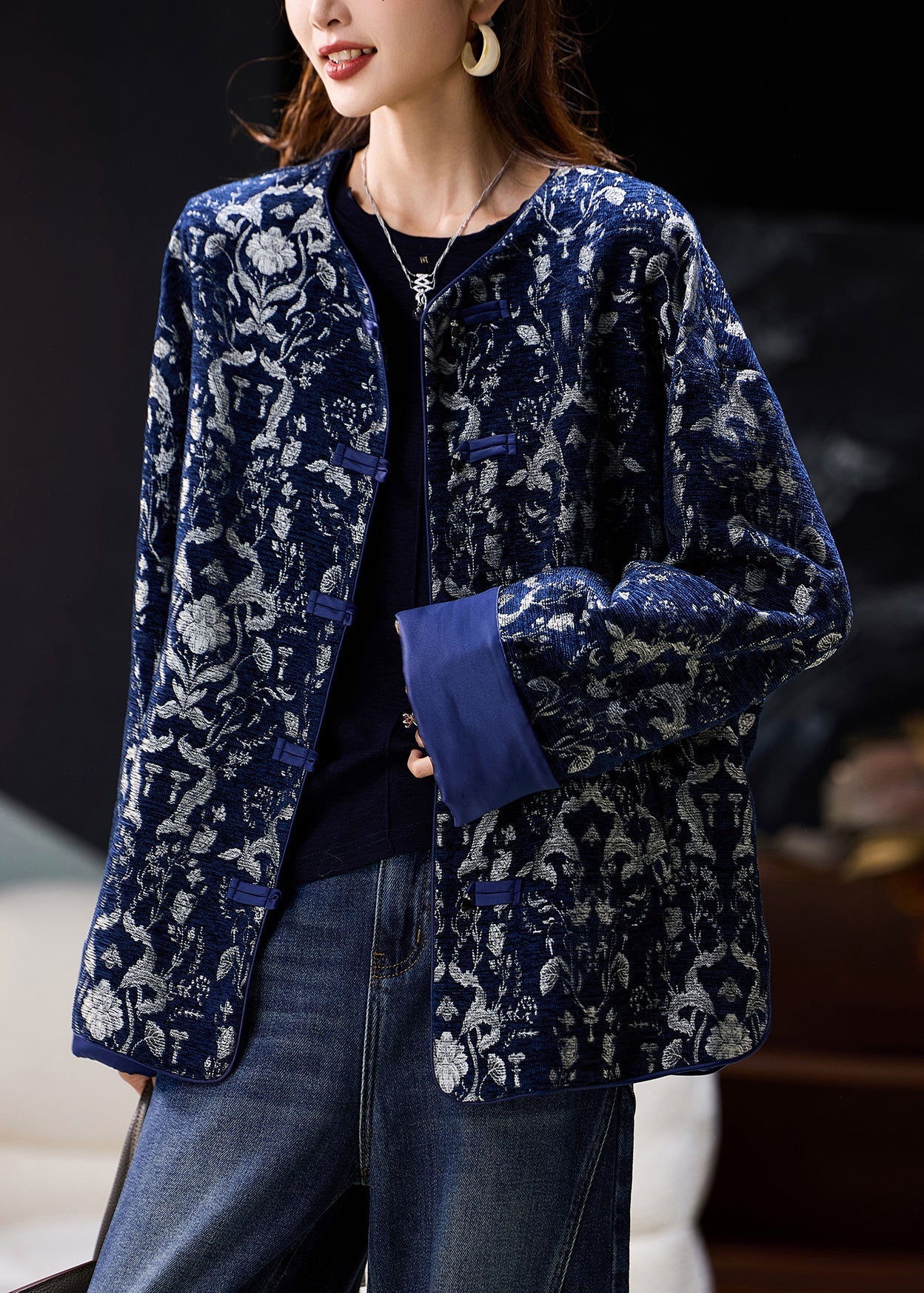 Blue O Neck Jacquard Oriental Button Cotton Coat Spring