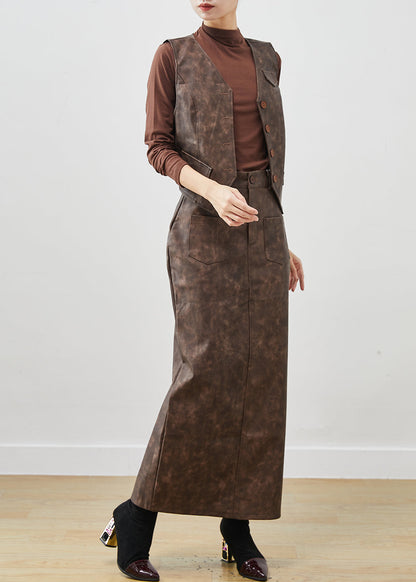 Khaki Tie Dye Faux Leather Two Piece Set Clothing Winter