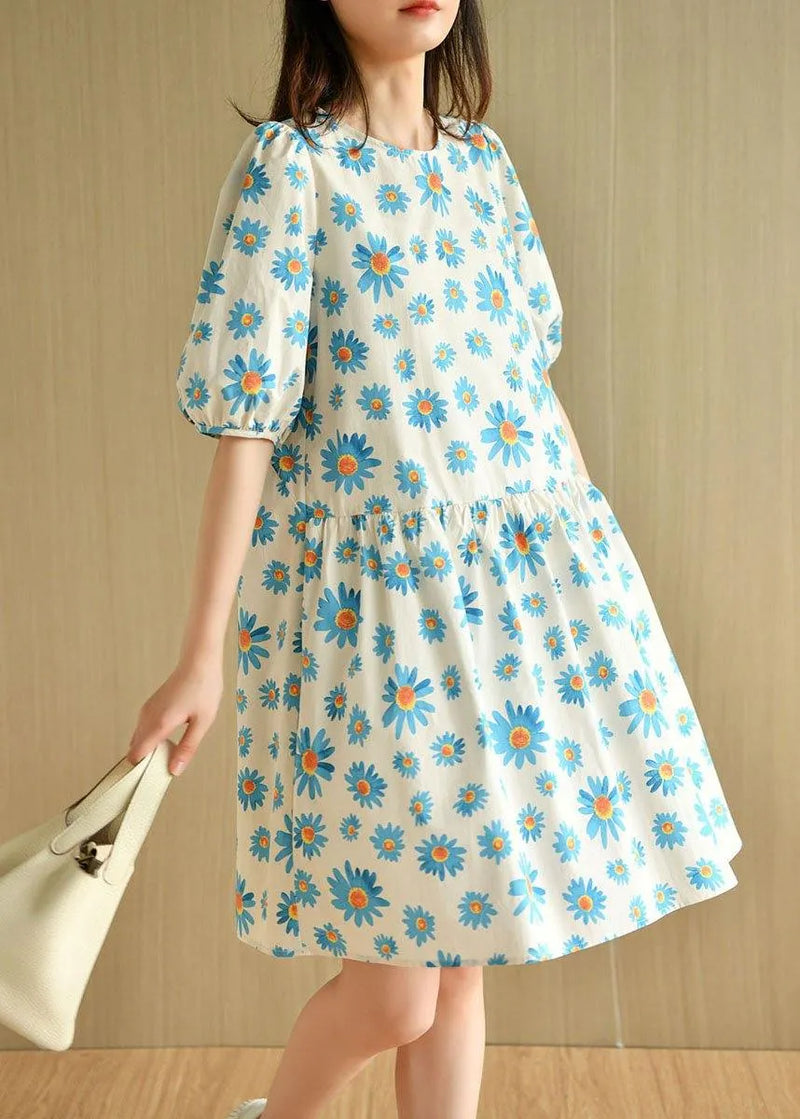 Blue O-neck Print Summer Cotton Half Sleeve Dresses