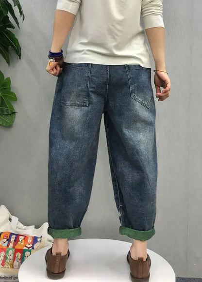 Organic Blue Patch Applique Denim Pants Spring