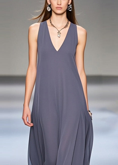 Grey Exra Large Hem Draping Chiffon Long Dresses Sleeveless Summer