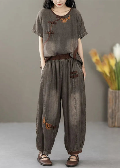 Black Pockets Waist Patchwork Denim Two Pieces Set O Neck Short Sleeve
