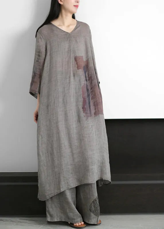 Grey V Neck Print Side Open Linen Dress and Wide Leg Pant Two Pieces Set Summer