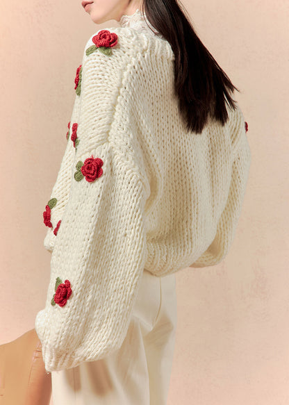 White V Neck Hollow Out Cotton Knit Cardigans Spring