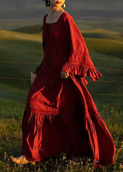 Handmade Red Square Collar Patchwork Maxi Dresses Flare Sleeve