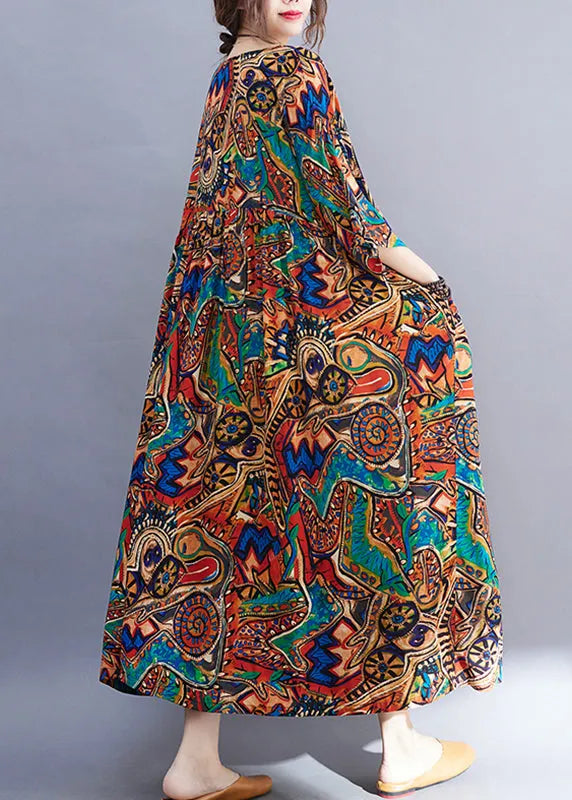 Natural Yellow O-neck Print Wrinkled Long Dress Spring