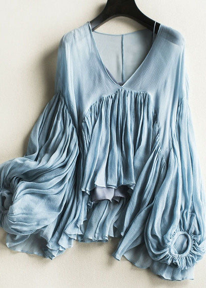Blue Wrinkled Chiffon Shirt and Spaghetti Strap Two Pieces Set Lantern Sleeve