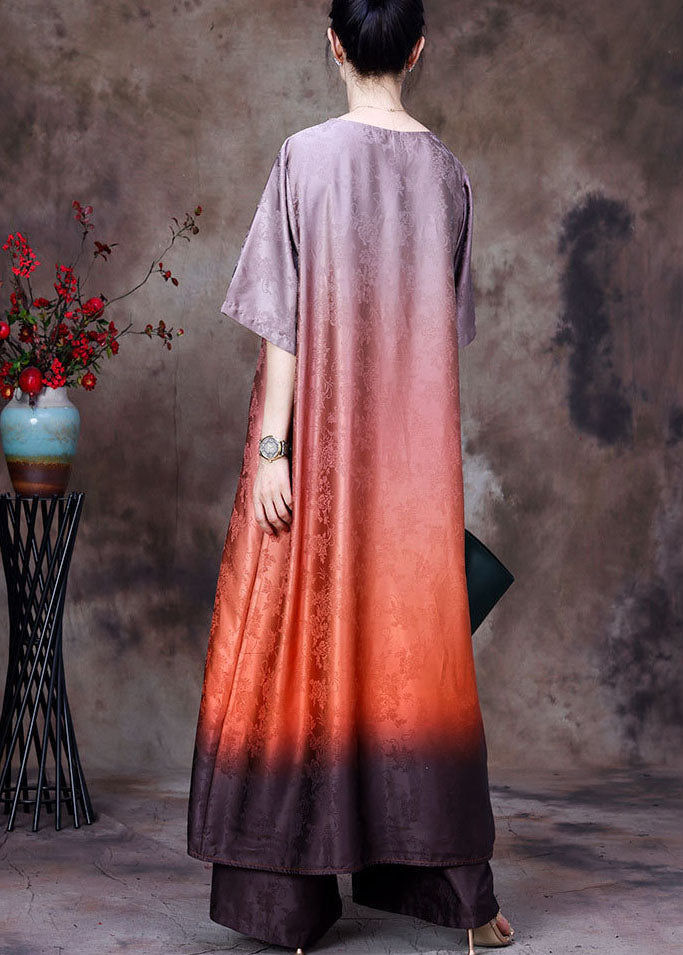 Orange Gradient Color Asymmetrical Design Jacquard Silk Two Piece Set Summer
