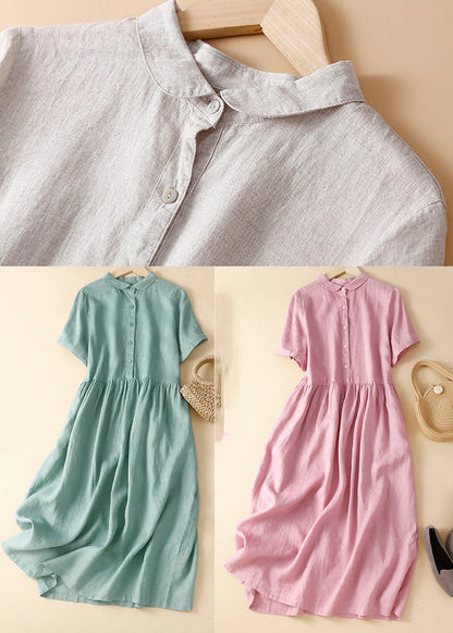 Linen Colour Linen Dresses Wrinkled Button Short Sleeve