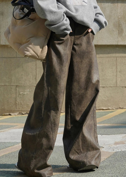Coffee Pockets High Waist Faux Leather Wide Leg Pants Spring