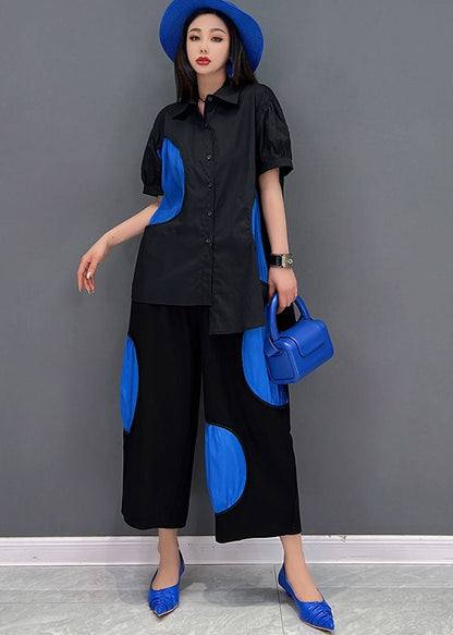 French Black Asymmetrical Dot Applique Cotton Shirt and Crop Pant Two-piece Set Summer