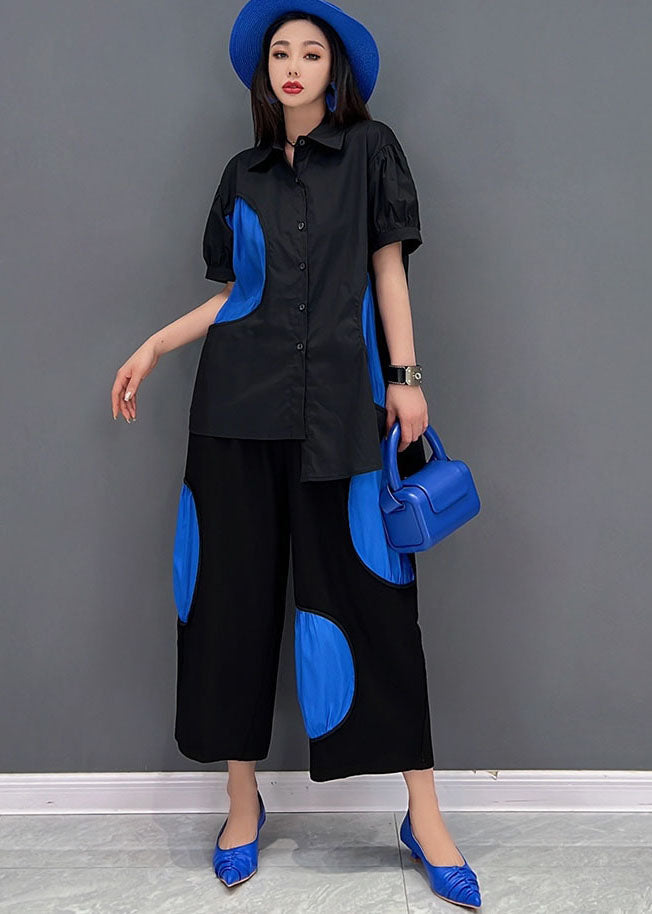 French Black Asymmetrical Dot Applique Cotton Shirt and Crop Pant Two-piece Set Summer