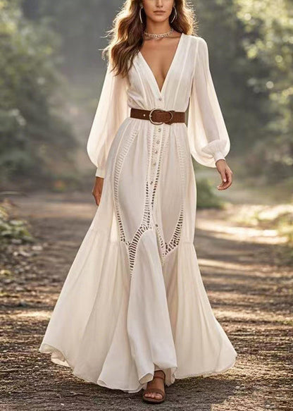 White Cinched Hollow Out Party Dress Spring