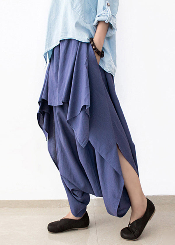 Diy Blue Asymmetrical Design Pockets Linen Pants Skirt Fall