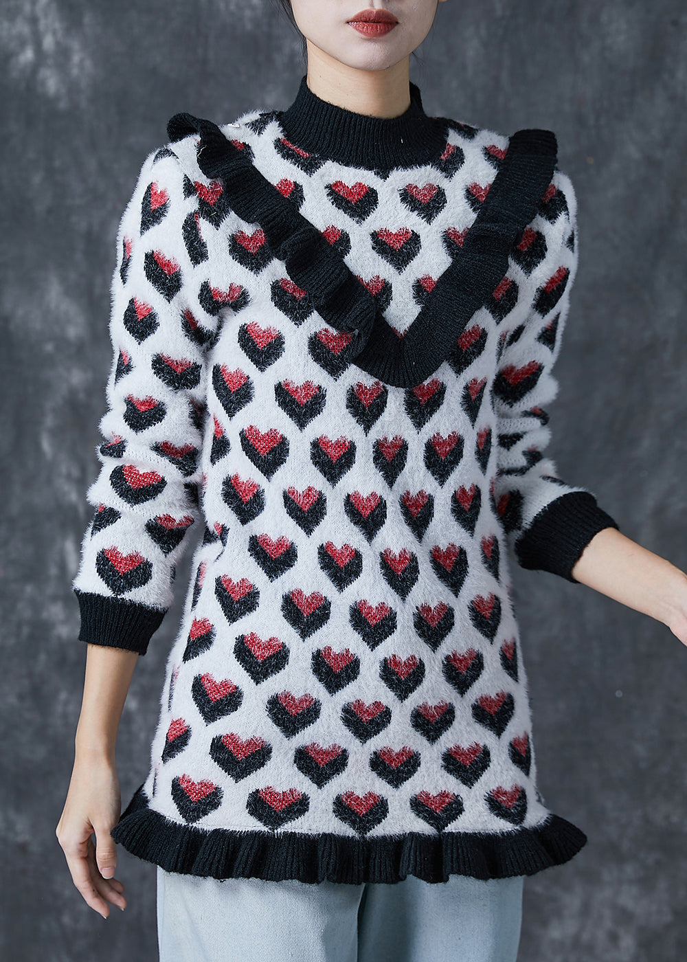 Classy Black Love Print Ruffled Patchwork Knit Sweater Winter