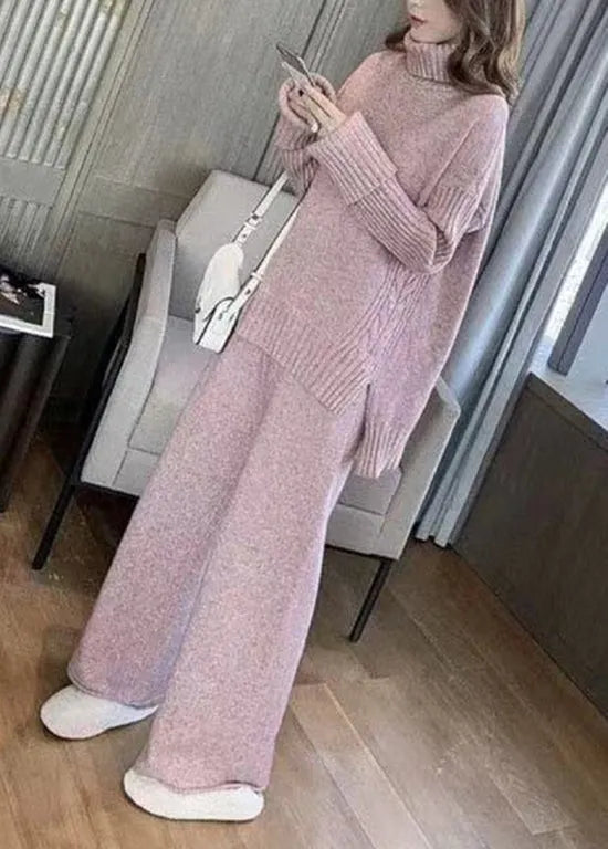 French Apricot Hign Neck Tops and Pants Knit Two Pieces Set Autumn