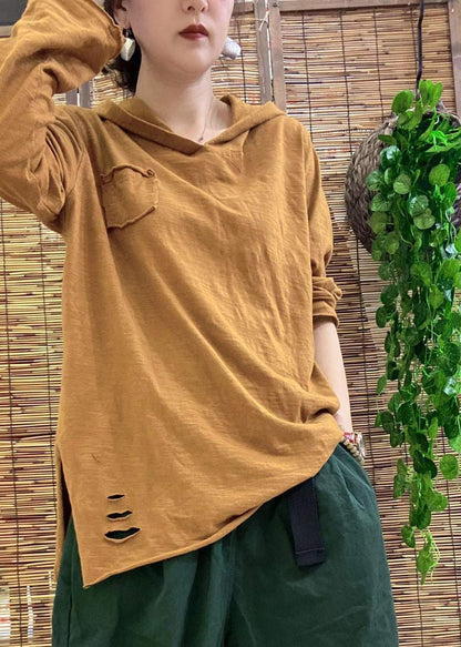 Black Hooded Side Open Hole Cotton Top Long Sleeve