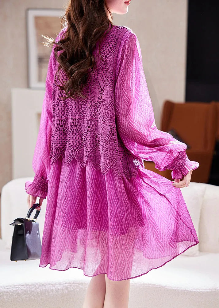 French Purple Hollow Out Knit Patchwork Vacation Chiffon Mid Dresses Lantern Sleeve