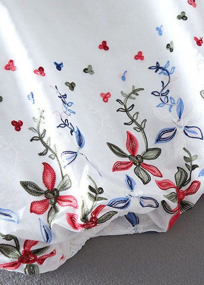 White O-neck Embroideried Chiffon Tops Lantern Sleeve