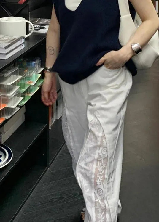White Pockets Lace Patchwork Cotton Pants Summer