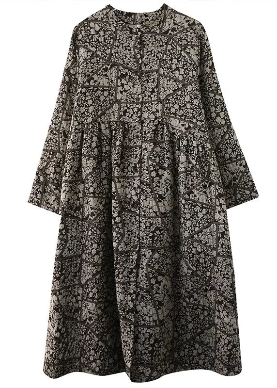 Stand Collar Button Print Patchwork Fall Maxi Dresses Long Sleeve