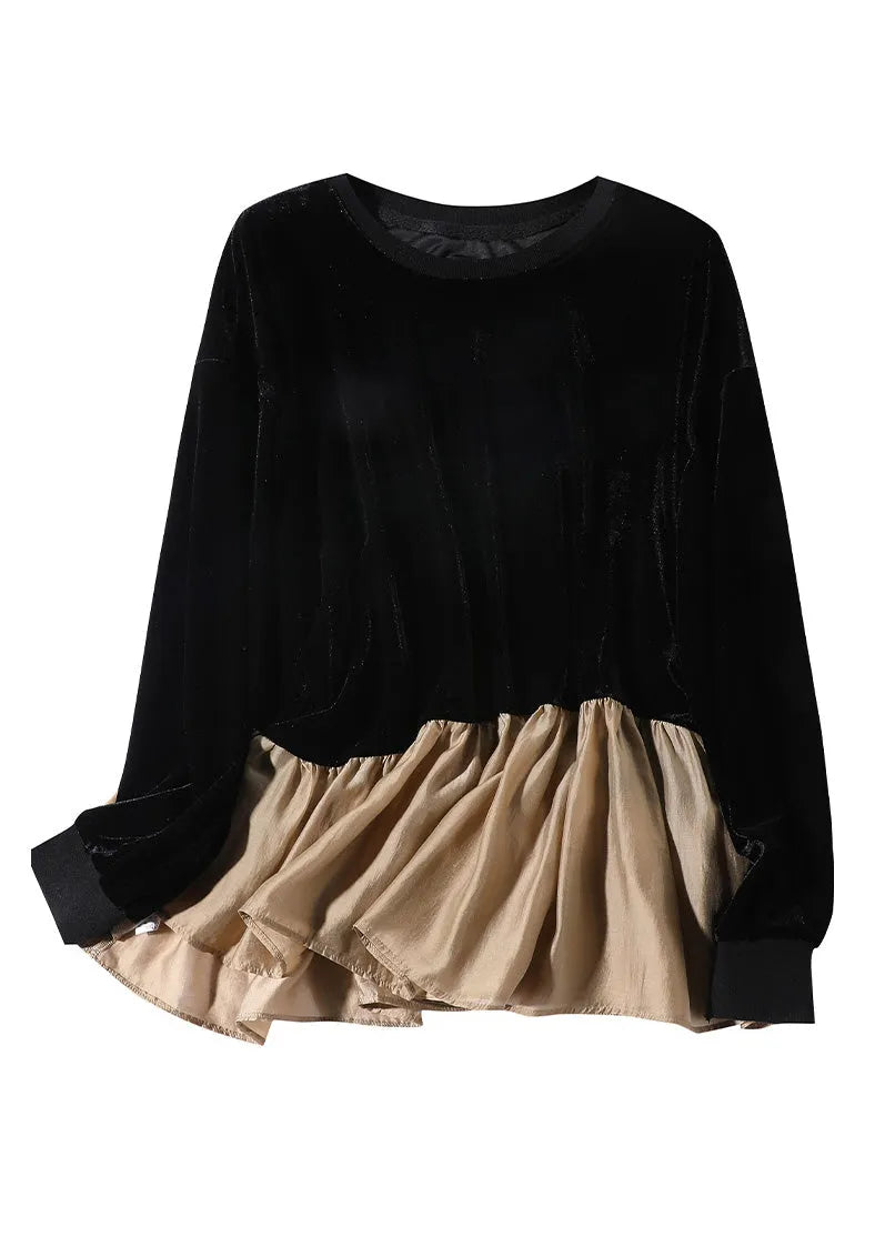 Stylish Black O-neck Patchwork Velour T Shirt Spring