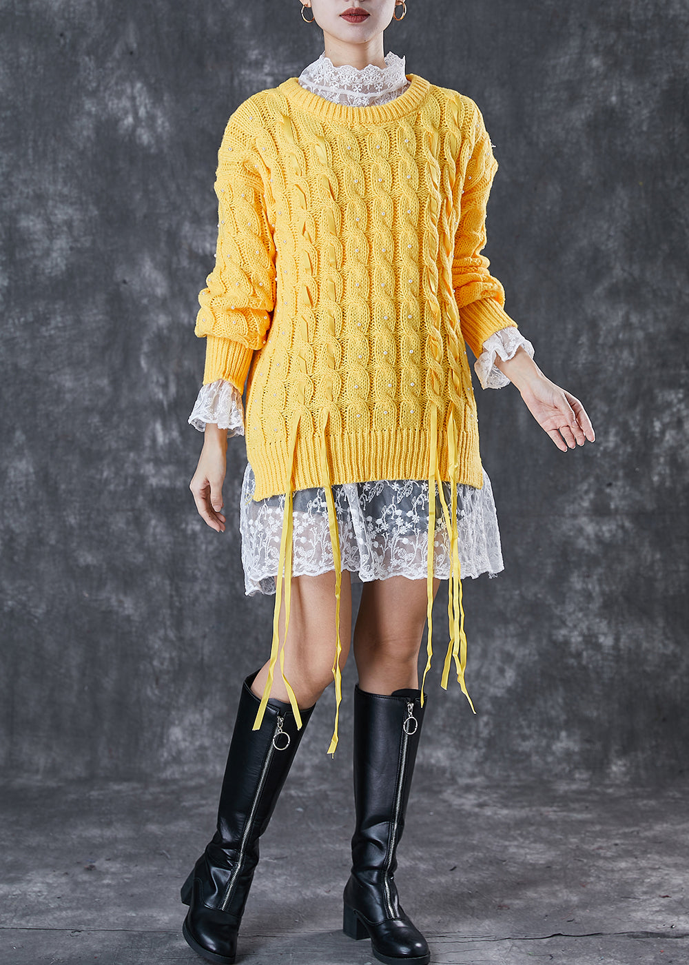 Yellow Nail Bead Side Open Knit Sweaters Winter