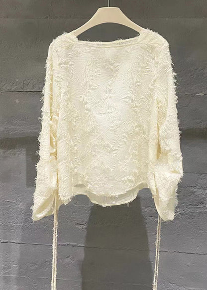 Beige Tasseled Patchwork Cotton Shirts Top Fall