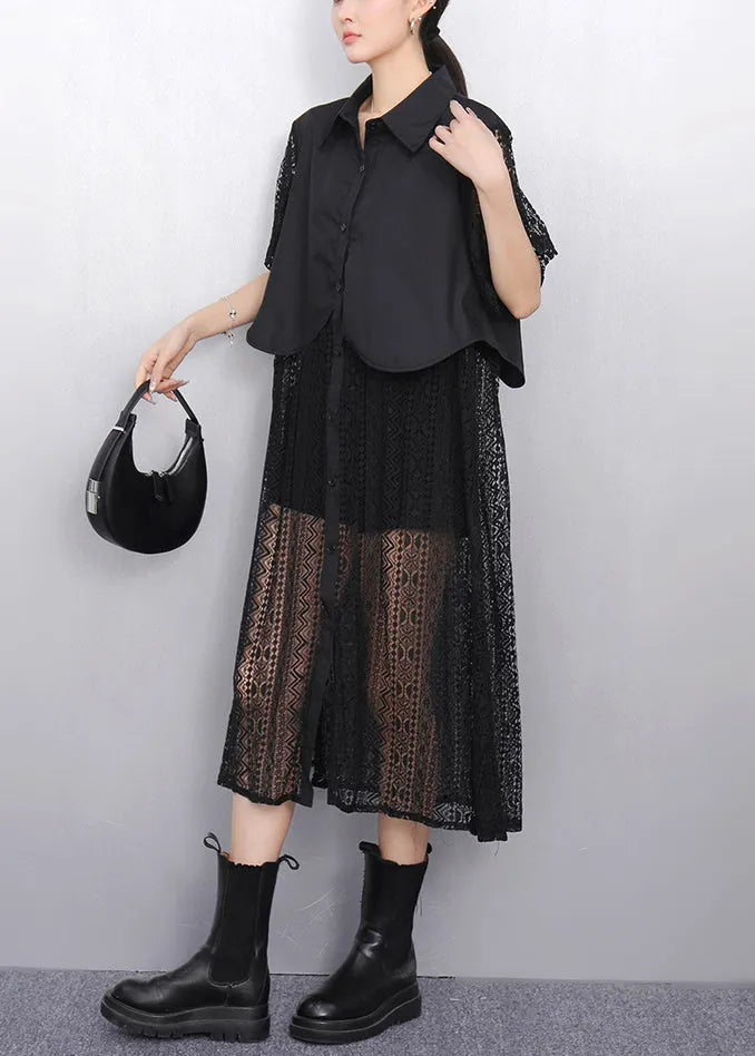 Black False Two Pieces Patchwork Lace Summer Blouses Dress Button