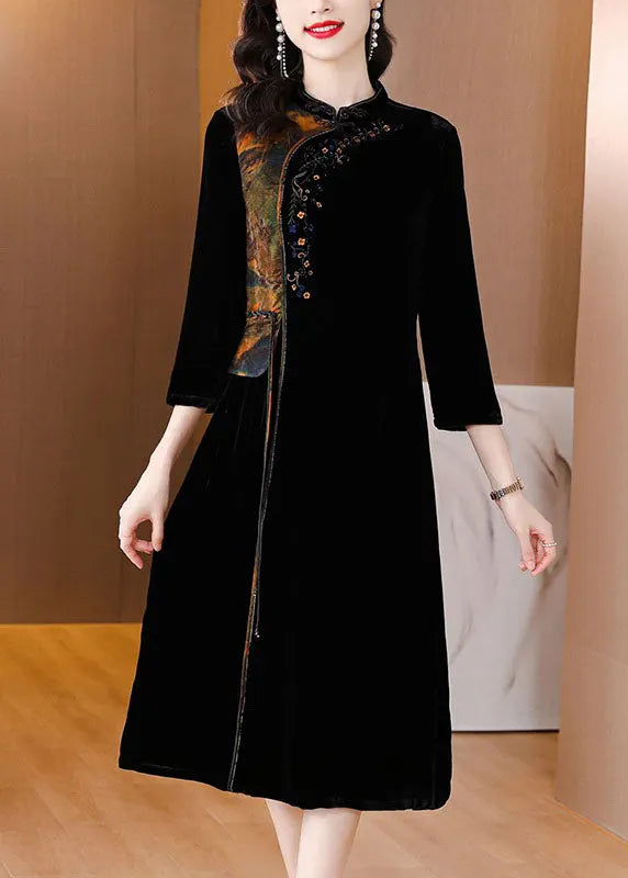 Black Print Embroideried Tassel Silk Velour Maxi Dresses Fall