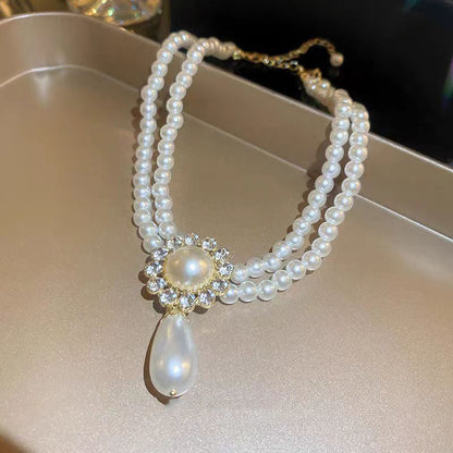 White Alloy Zircon Double Layered Pearl Water Drop Pendant Necklace