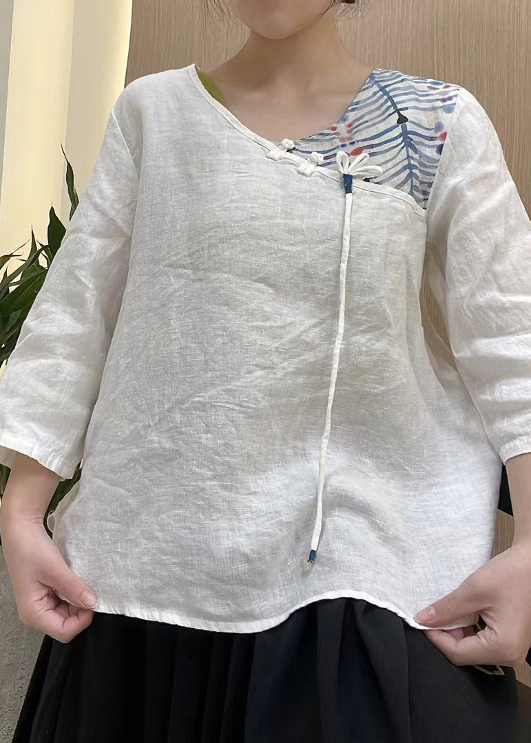 Orange V Neck Asymmetrical Design Print Linen Top Three Quarter Sleeve