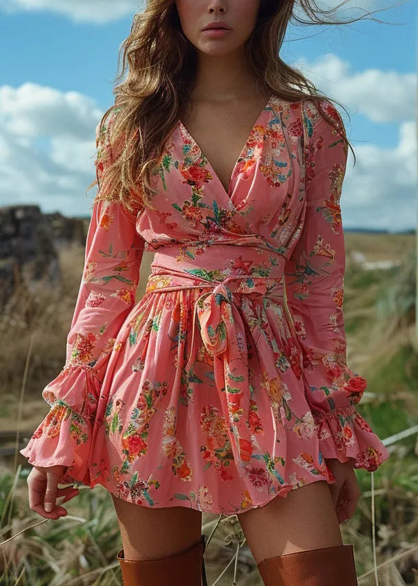Natural Pink V Neck Print Lace Up Cotton Mini Dress Spring