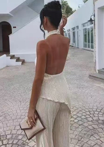 Beige Asymmetrical Cold Shoulder Sets 2 Pieces Summer