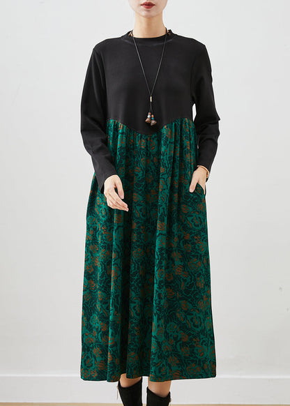 Green Print Patchwork Cotton Maxi Dress Fall