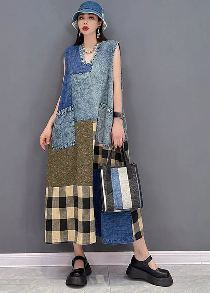 Blue V Neck Pockets Patchwork Plaid Cotton Denim Long Dresses Sleeveless