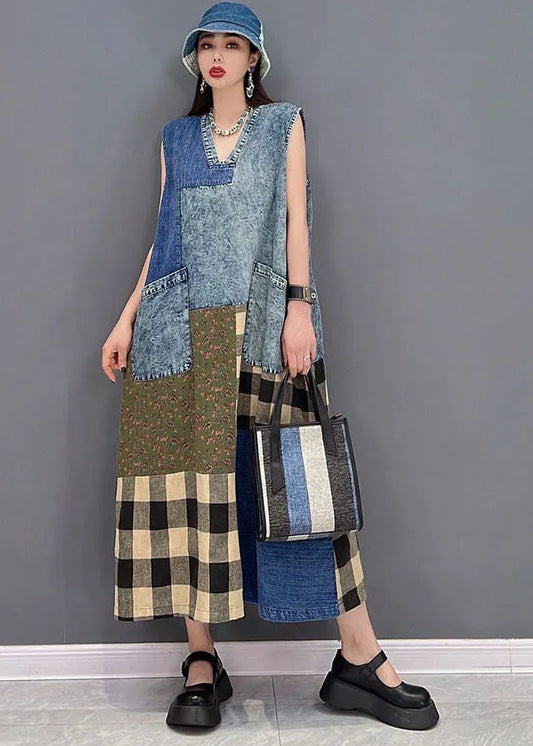 Blue V Neck Pockets Patchwork Plaid Cotton Denim Long Dresses Sleeveless