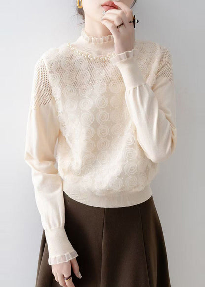 Art Apricot Decorated Nail Bead Knit Blouse Spring