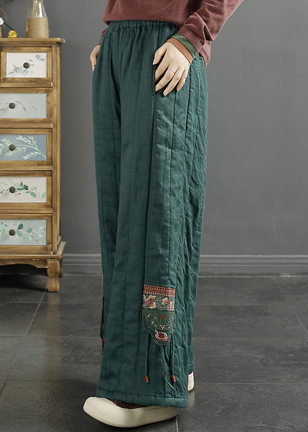 Red Embroideried Pockets Fine Cotton Filled Wide Leg Pants Winter