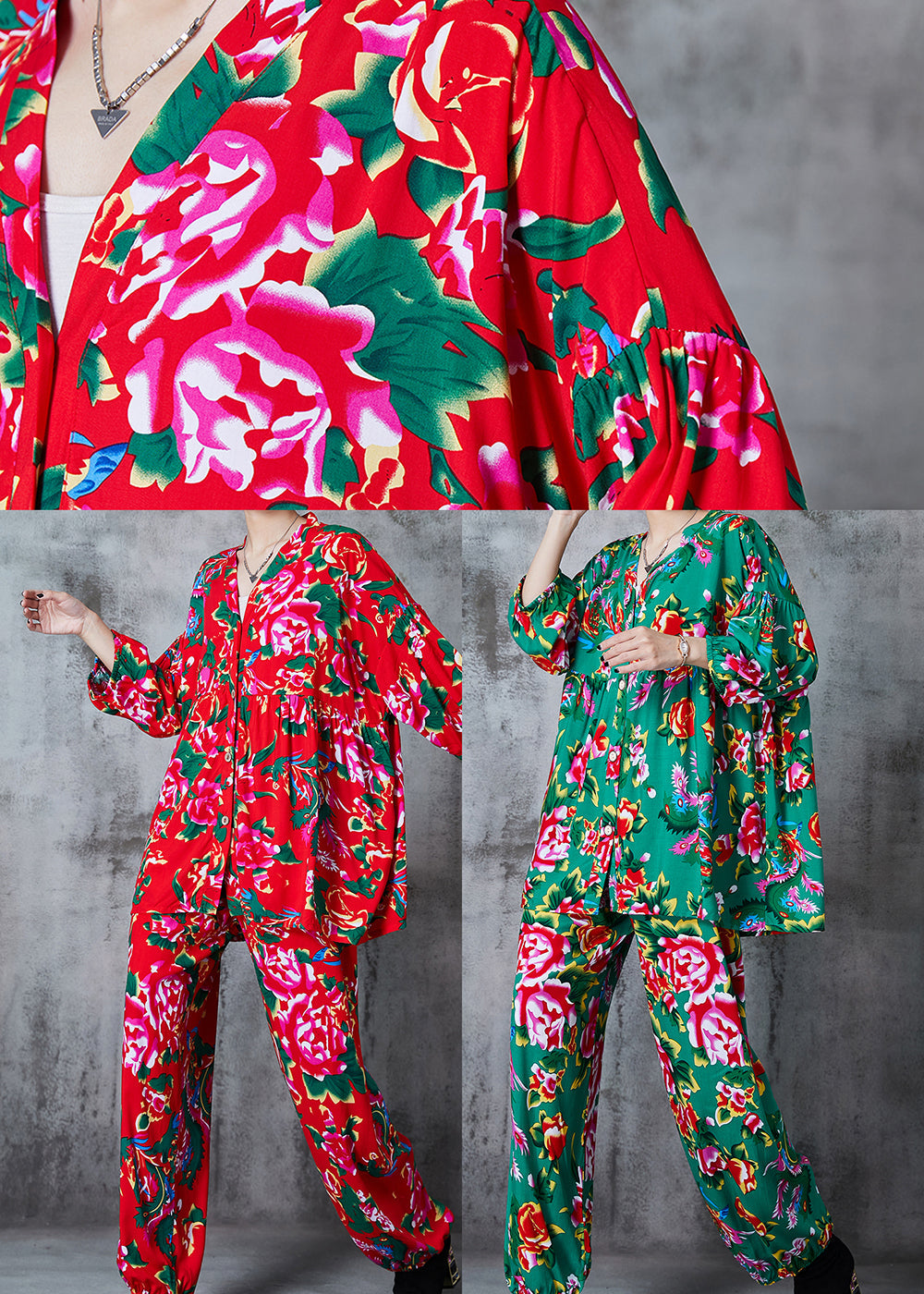 Green Print Cotton Retro Two-piece Set Oversized Summer