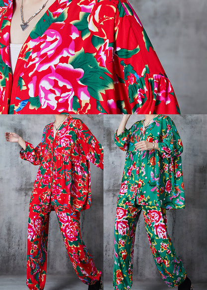 Green Print Cotton Retro Two-piece Set Oversized Summer