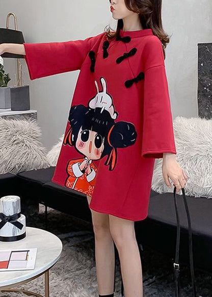 Red Stand Collar Print Warm Fleece Mid Dress Fall