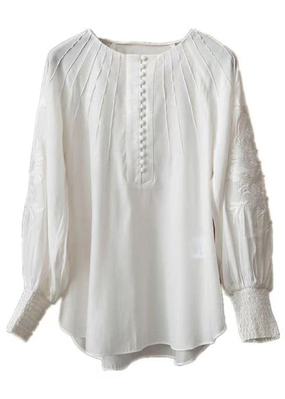 French White Embroideried Button Cotton Shirts Lantern Sleeve